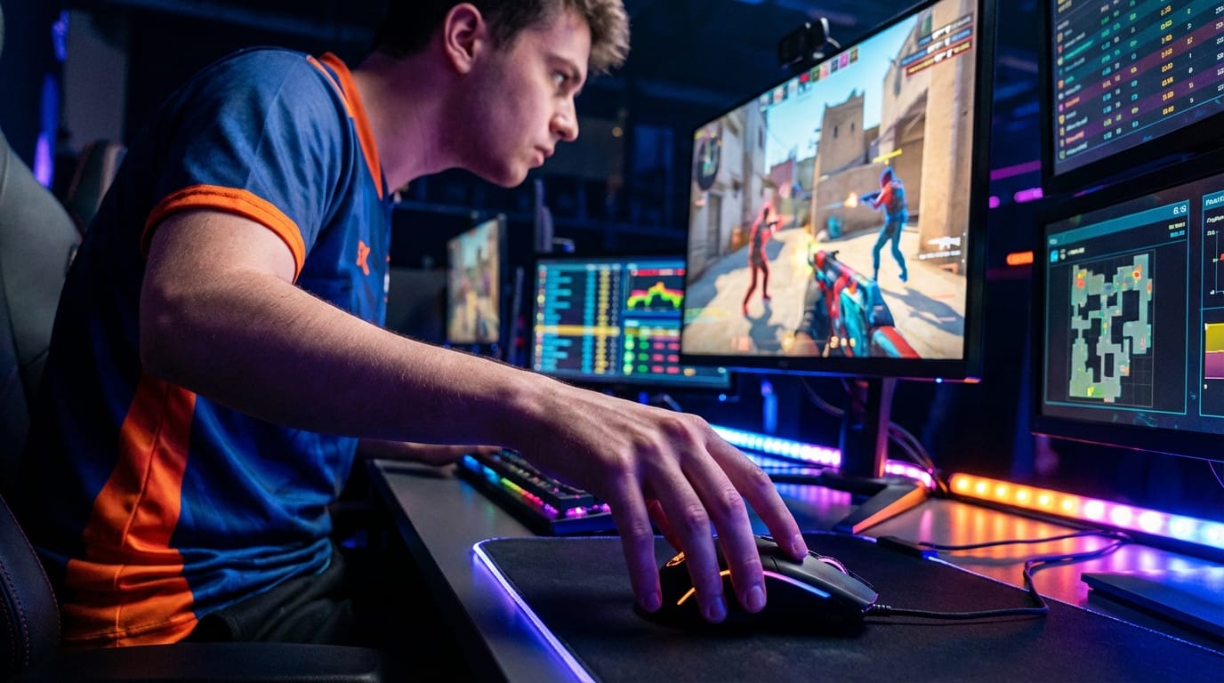 Professional CS2 esports player analyzing new animation beta mechanics during competitive gameplay